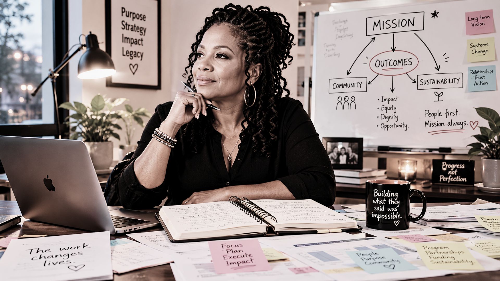 Nonprofit leader working at desk with mission strategy